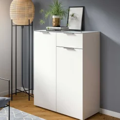 Weißes Highboard mit zwei Türen und Schublade - Intiatos