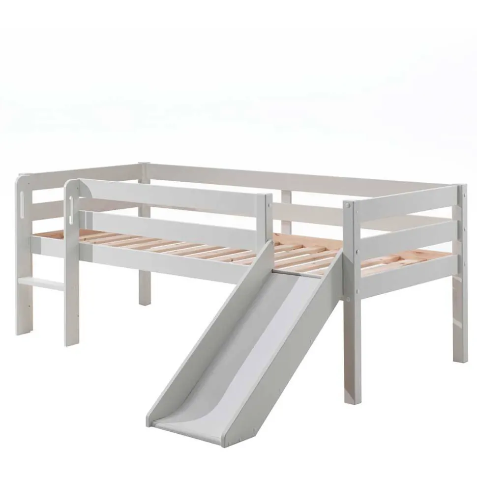 Weißes Hochbett mit Rutsche - nur 83 cm hoch - Kendalas