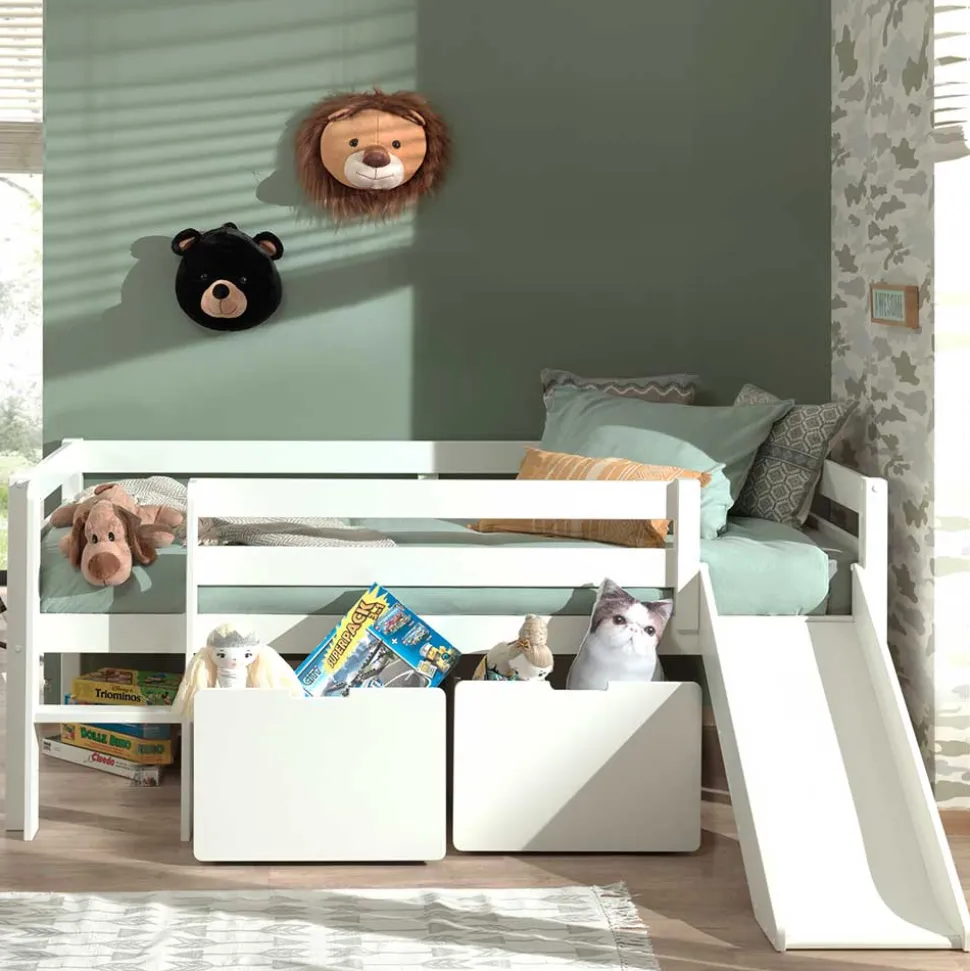 Weißes Hochbett mit Rutsche - nur 83 cm hoch - Kendalas