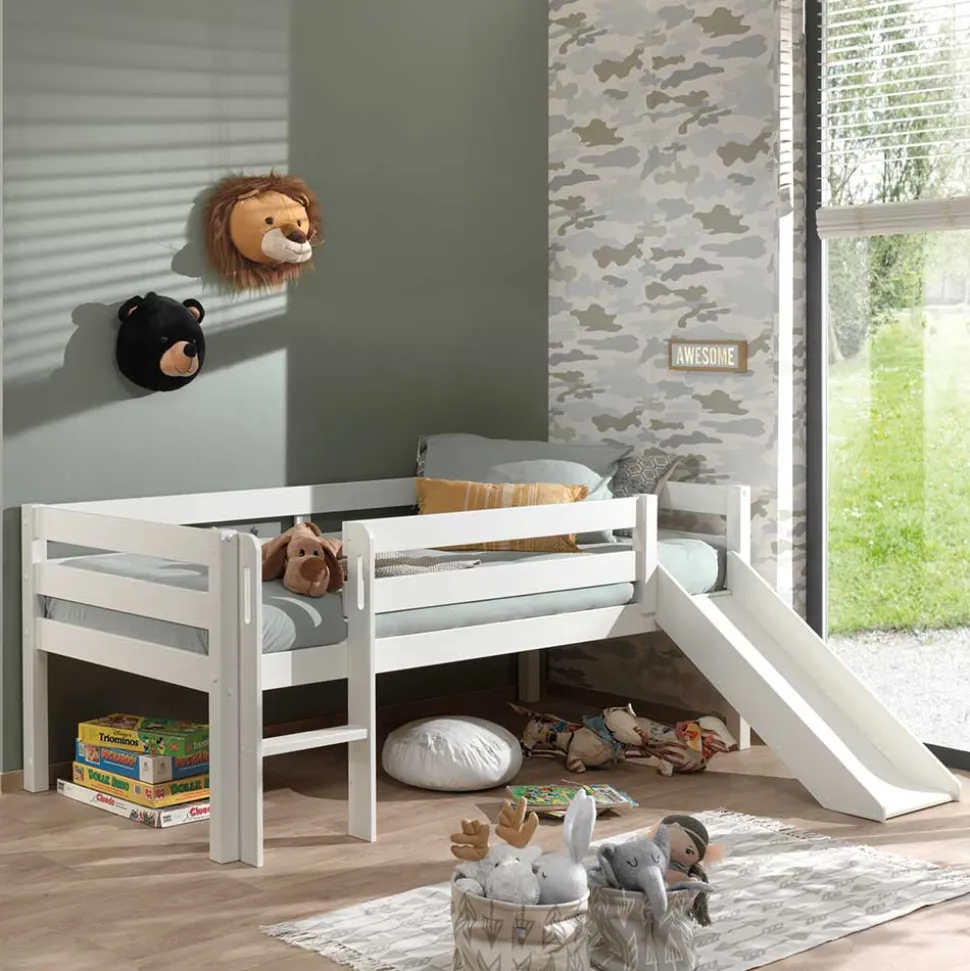 Weißes Hochbett mit Rutsche - nur 83 cm hoch - Kendalas