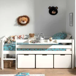 Weißes Hochbett niedrig mit Hängeregal - Azuro