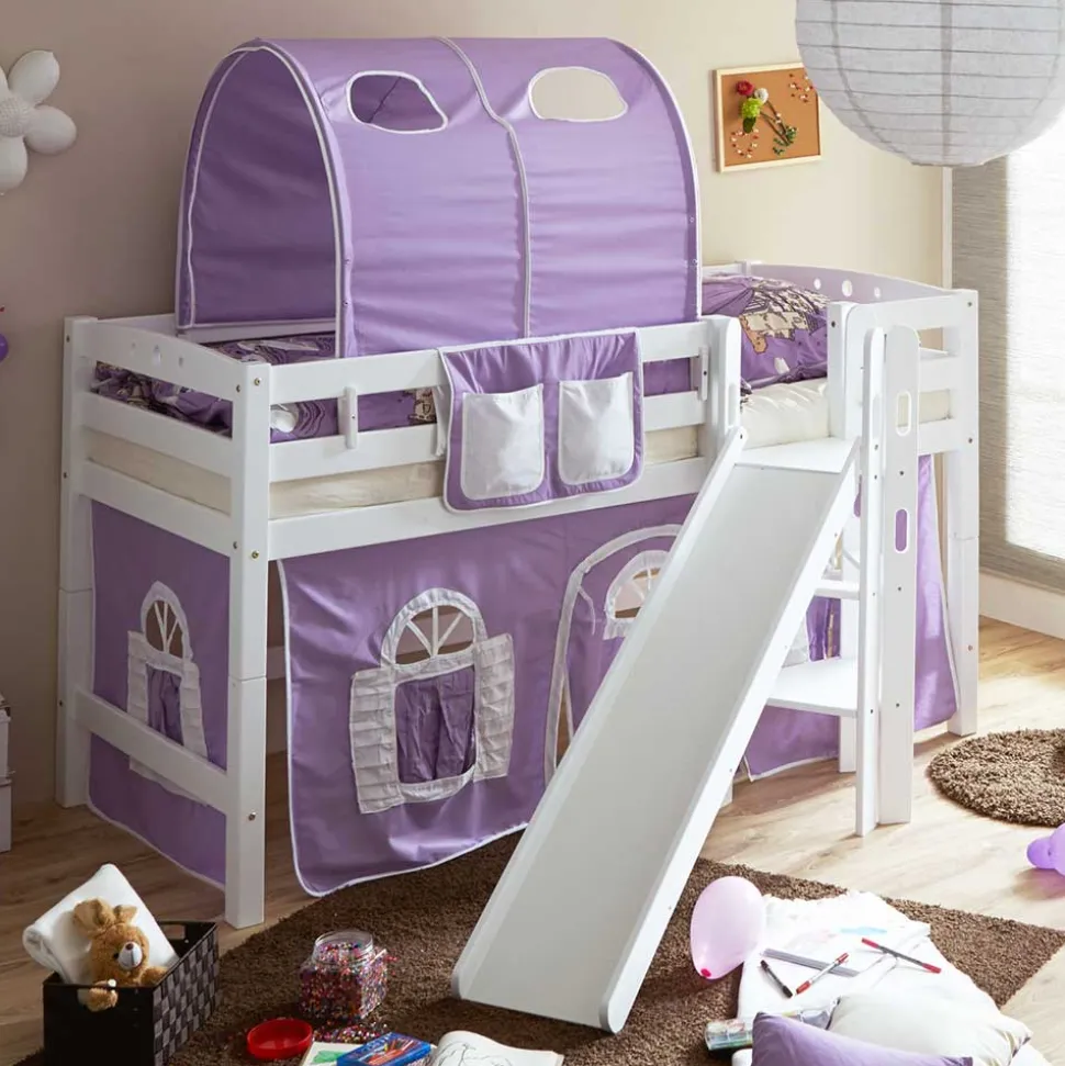 Weißes Holz-Hochbett für Kinder mit Rutsche - Nicrobar