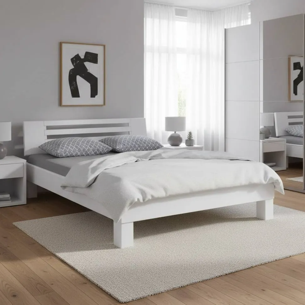 Weißes Massivholzbett Annabell mit Kopfteil