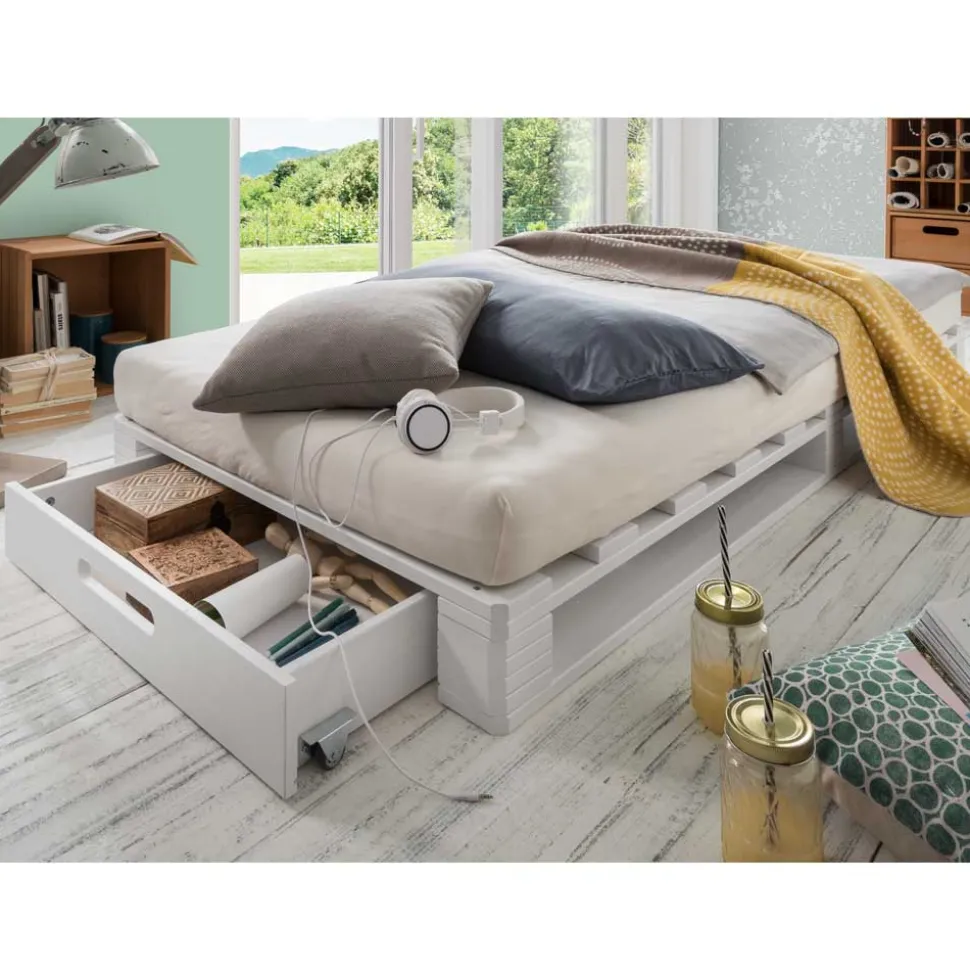 Weißes Palettenbett aus Kiefer Massivholz - Idena