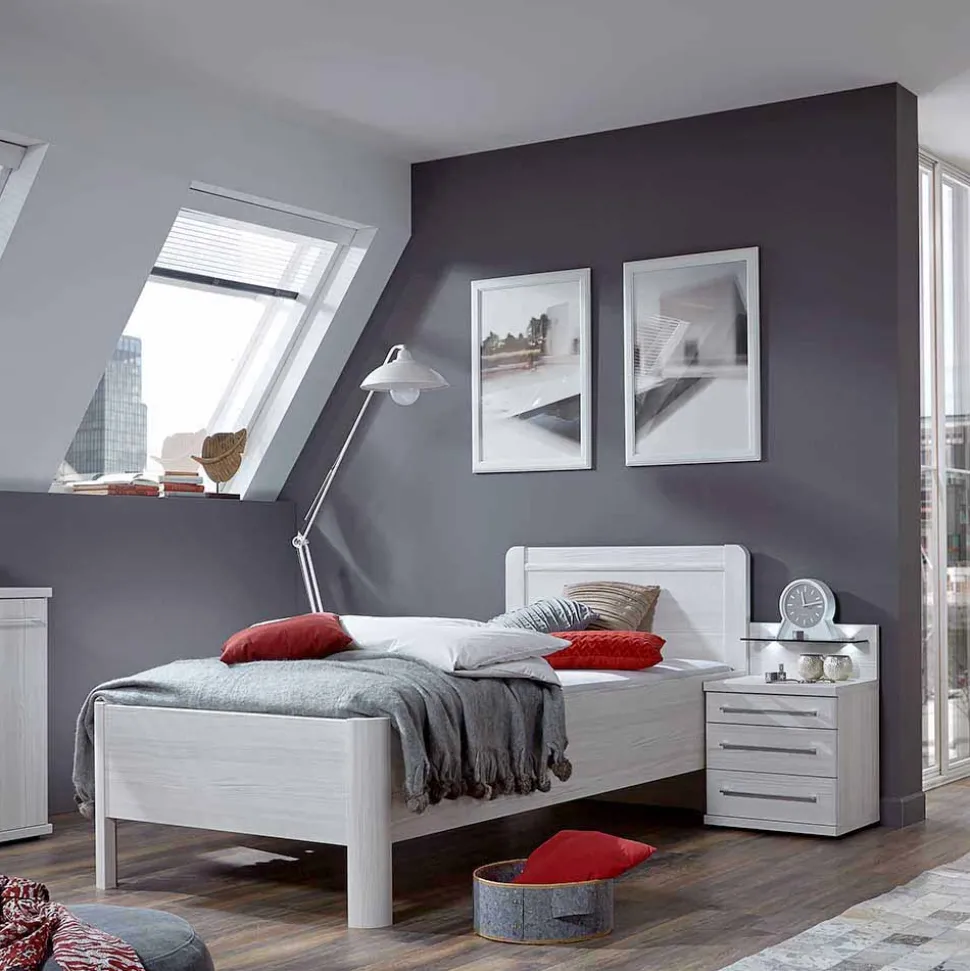 Weißes Schlafzimmerset Arneta mit Einzelbett 100x200cm (dreiteilig)