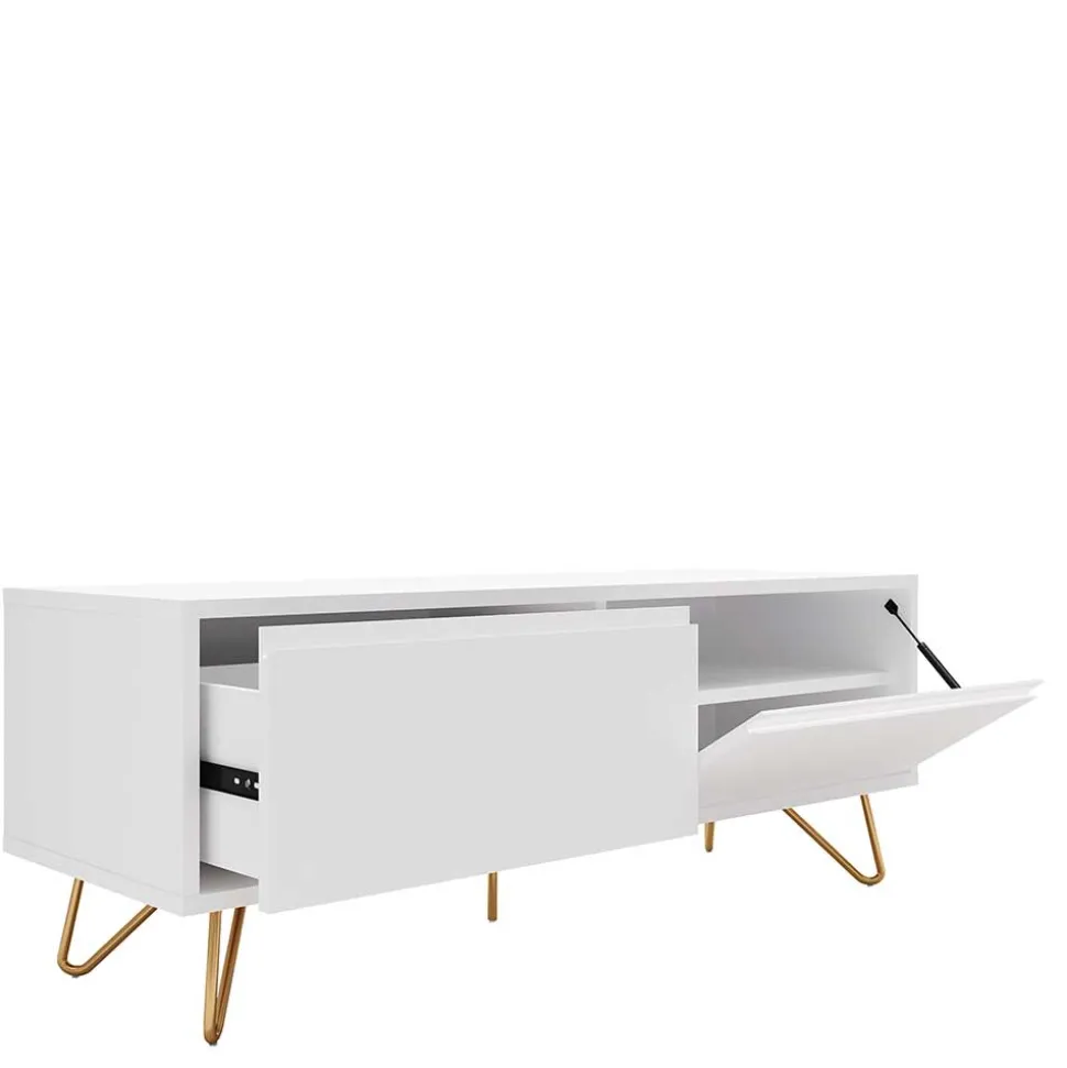 Weißes TV Lowboard mit Klappe & Schublade - Marmore