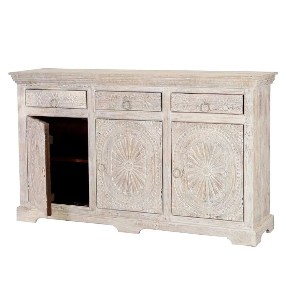White Wash Sideboard mit Ornament Schnitzereien - Rusula