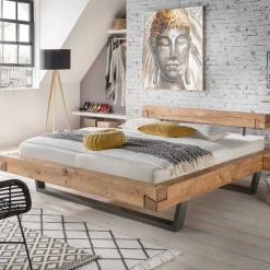 Wildeiche Balkenbett in Schwebeoptik Iloventa mit Metallkufen Industrial