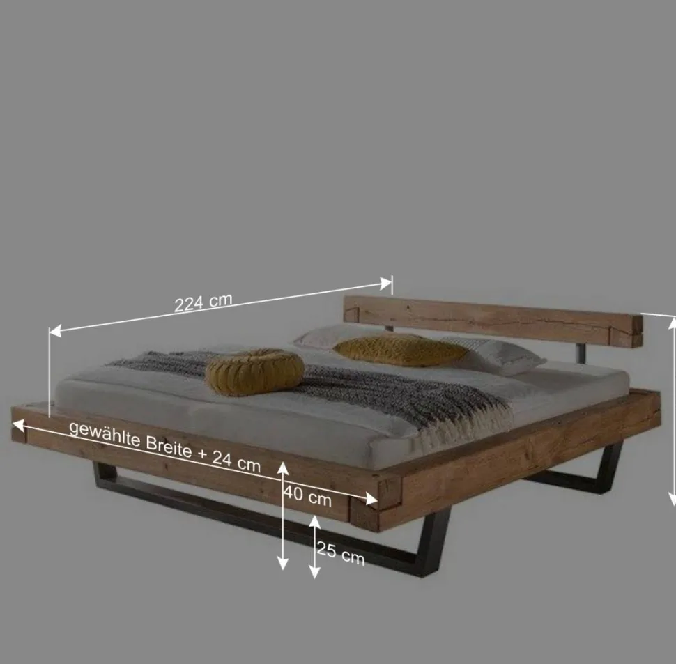 Wildeiche Balkenbett in Schwebeoptik Iloventa mit Metallkufen Industrial