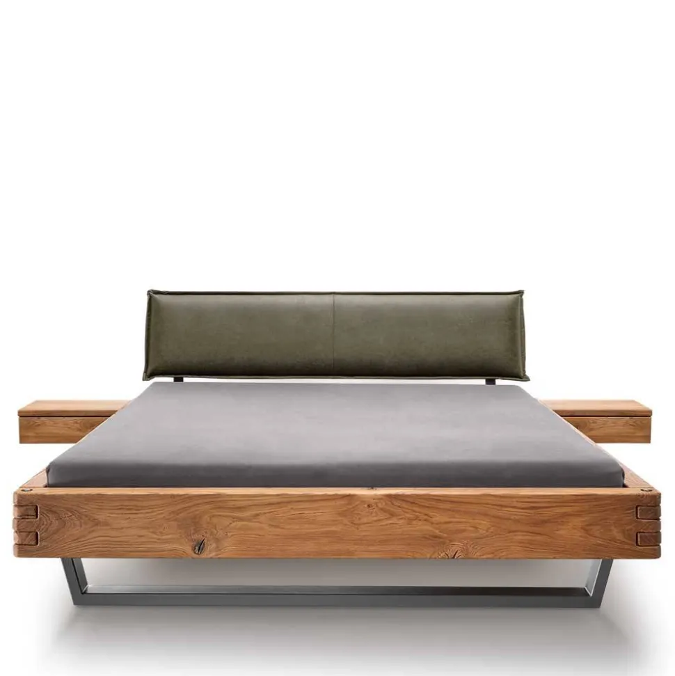 Wildeiche Balkenbett mit Leder-Kopfteil - Abrahams