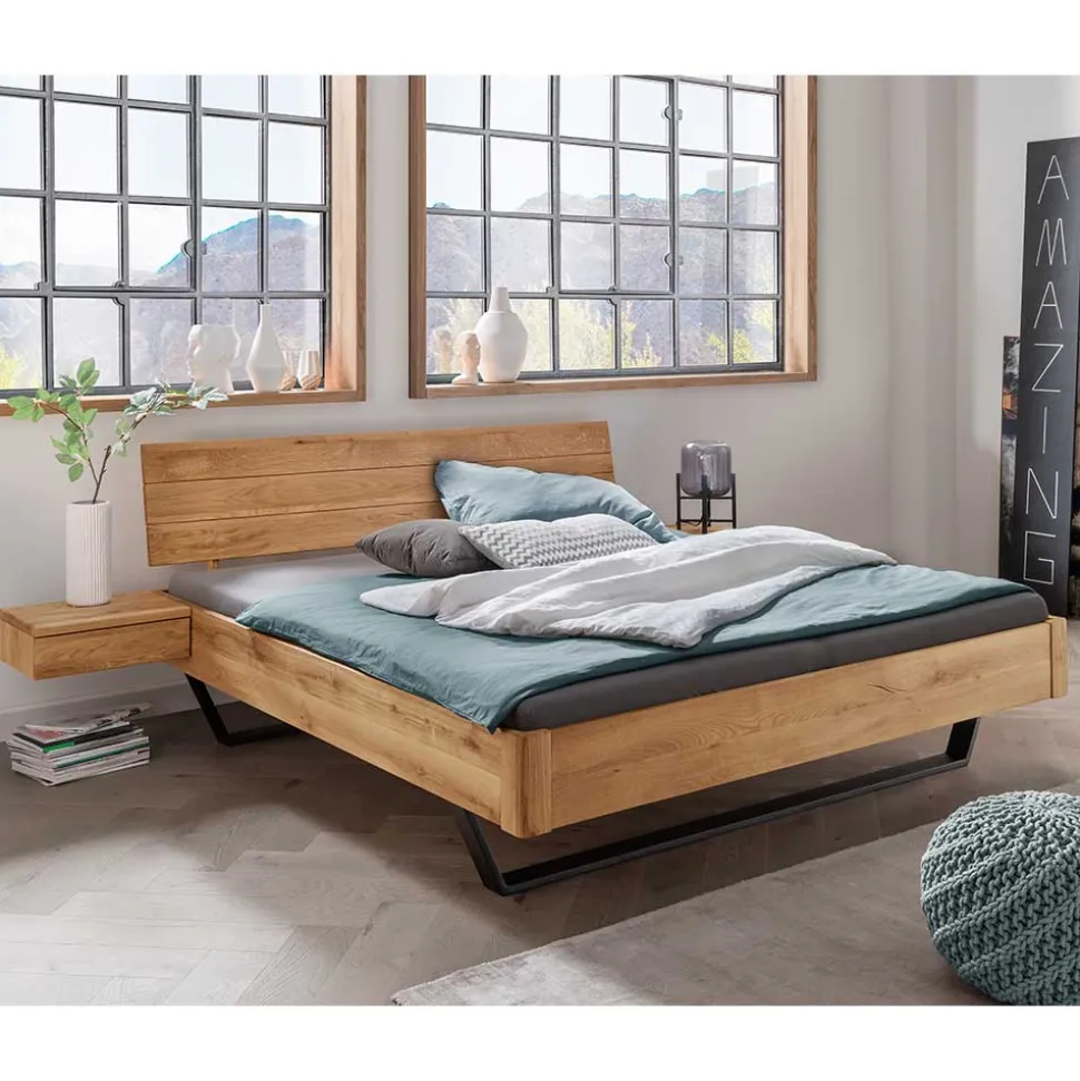 Wildeiche Bett mit Metallkufen in Schwarzgrau - Tomya