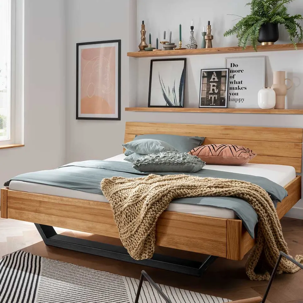 Wildeiche Bett mit Metallkufen in Schwarzgrau - Tomya