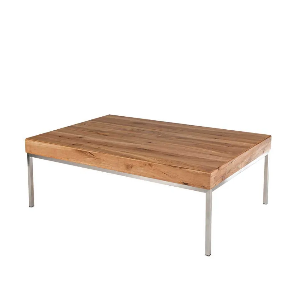 Wildeiche Couchtisch Silvia mit Stahlgestell in Edelstahl Optik