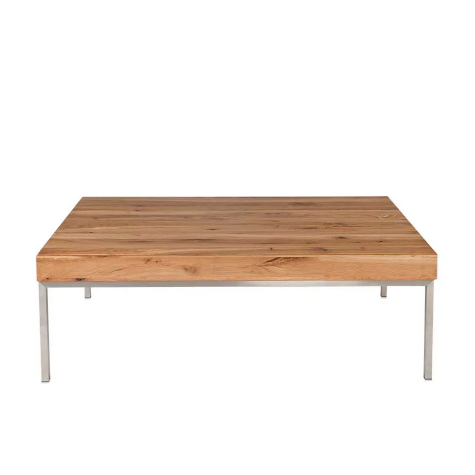 Wildeiche Couchtisch Silvia mit Stahlgestell in Edelstahl Optik