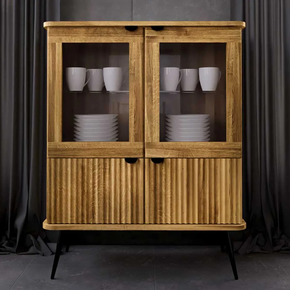 Wildeiche Highboard mit Glastüren & Holztüren - Casarius