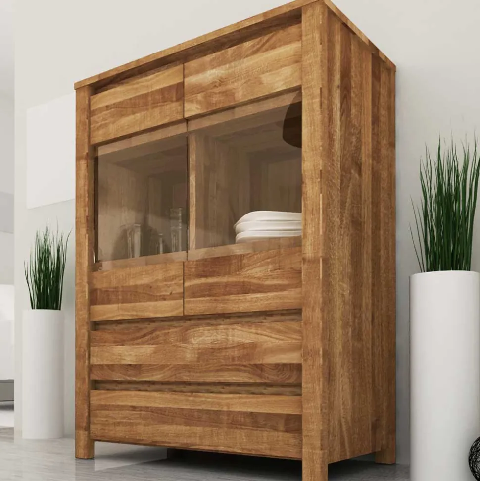 Wildeiche Highboard Nadalia massiv geölt Glas