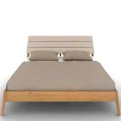 Wildeiche Holzbett mit Polsterkopfteil in Beige - Favorite