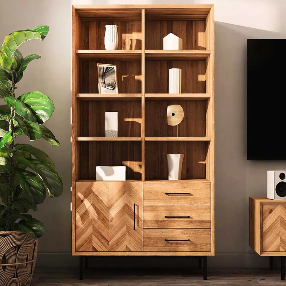 Wildeiche Regal mit Tür & drei Schubladen - Kerfa