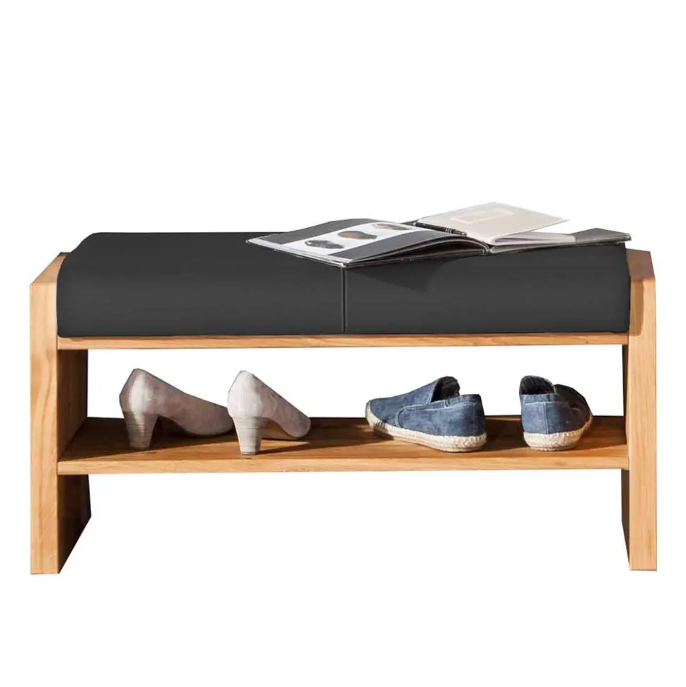 Wildeiche Schuhbank mit Leder Polsterung - Mandrey