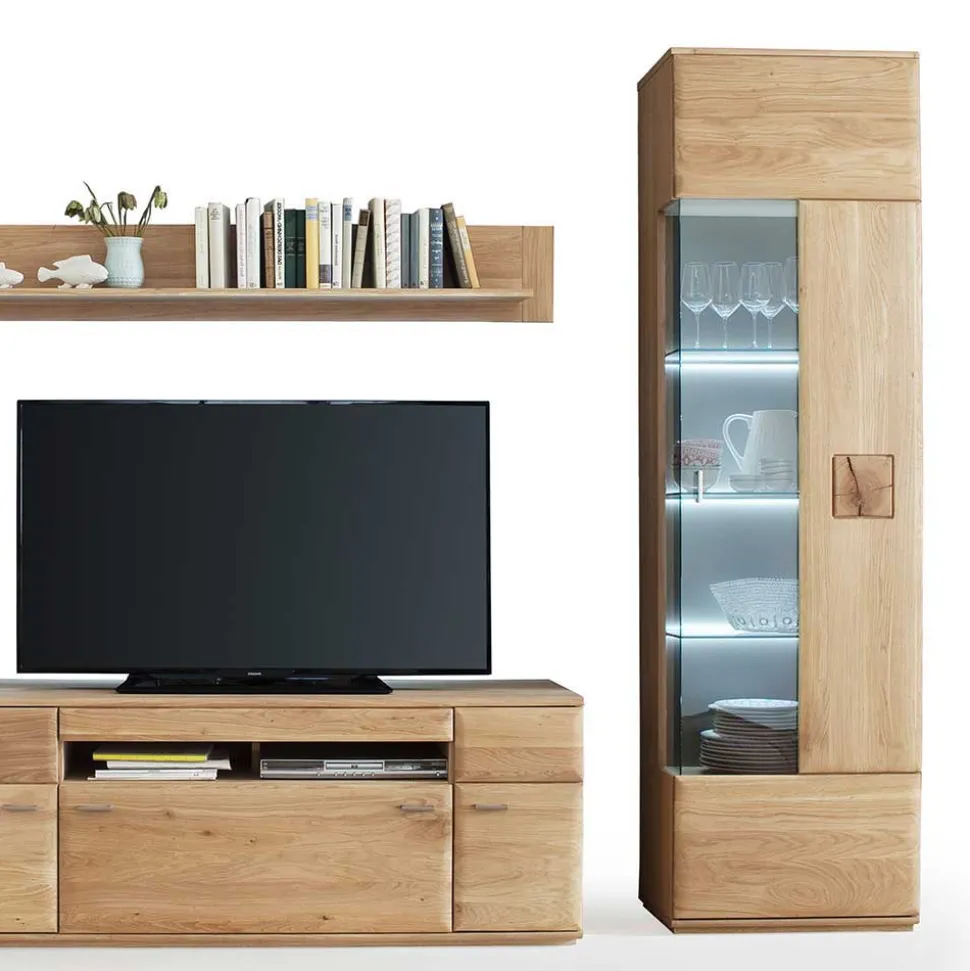 Wohnkombination in Eiche Bianco teilmassiv Pontros optional mit LED (vierteilig)