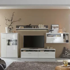 Wohnkombination Tacroma in Hochglanz Weiß (vierteilig)