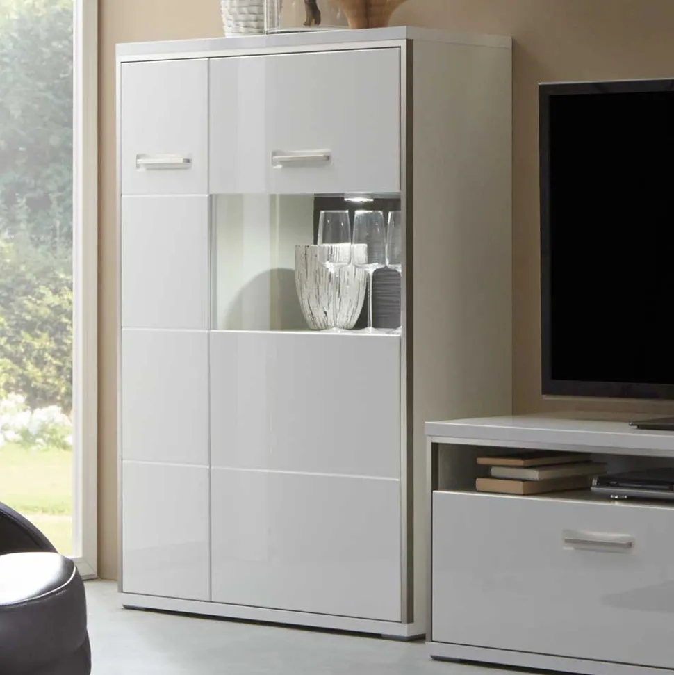 Wohnkombination Tacroma in Hochglanz Weiß (vierteilig)