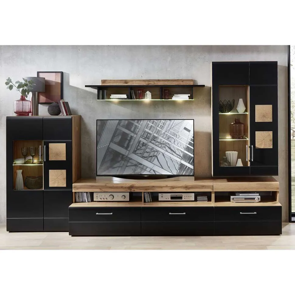 Wohnwand in Schwarz & Wildeiche - Kandu (fünfteilig)