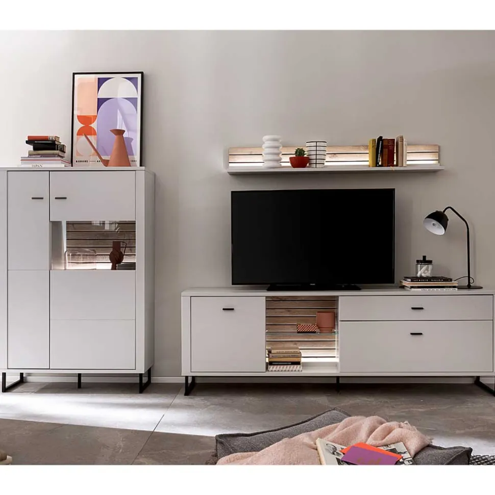 Wohnwand in Weiß mit Wildeiche - Varzino (dreiteilig)