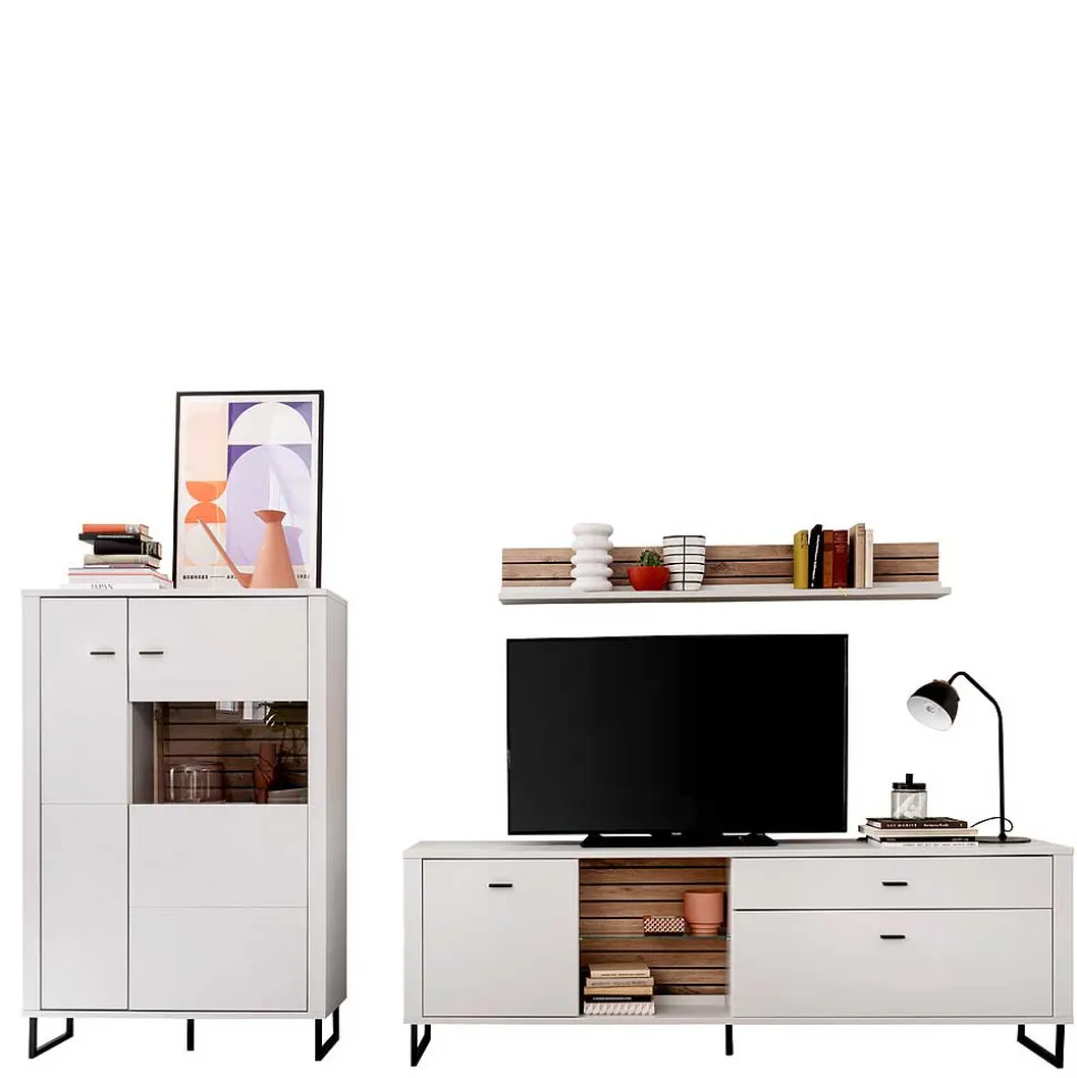 Wohnwand in Weiß mit Wildeiche - Varzino (dreiteilig)