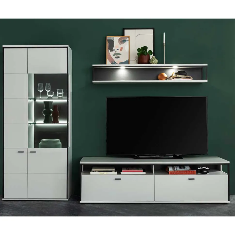 Wohnwand in Weiß und Schwarzgrau - Loazin (dreiteilig)