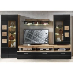 Wohnwand Möbel in Schwarz & Wildeiche - Kandu (fünfteilig)