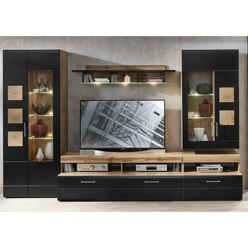 Wohnwand Möbel in Schwarz & Wildeiche - Kandu (fünfteilig)