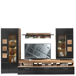 Wohnwand Möbel in Schwarz & Wildeiche - Kandu (fünfteilig)