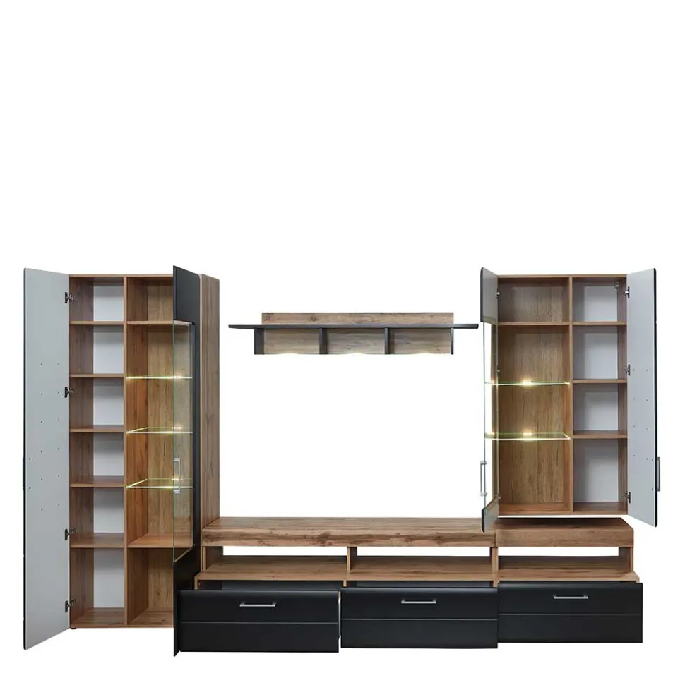 Wohnwand Möbel in Schwarz & Wildeiche - Kandu (fünfteilig)