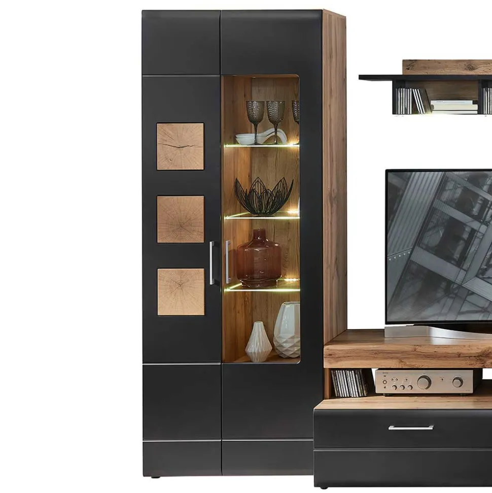 Wohnwand Möbel in Schwarz & Wildeiche - Kandu (fünfteilig)