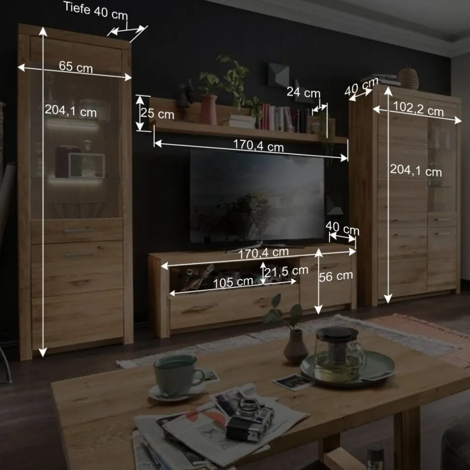 Wohnwand Möbel Set aus Wildeiche - Loitons (vierteilig)