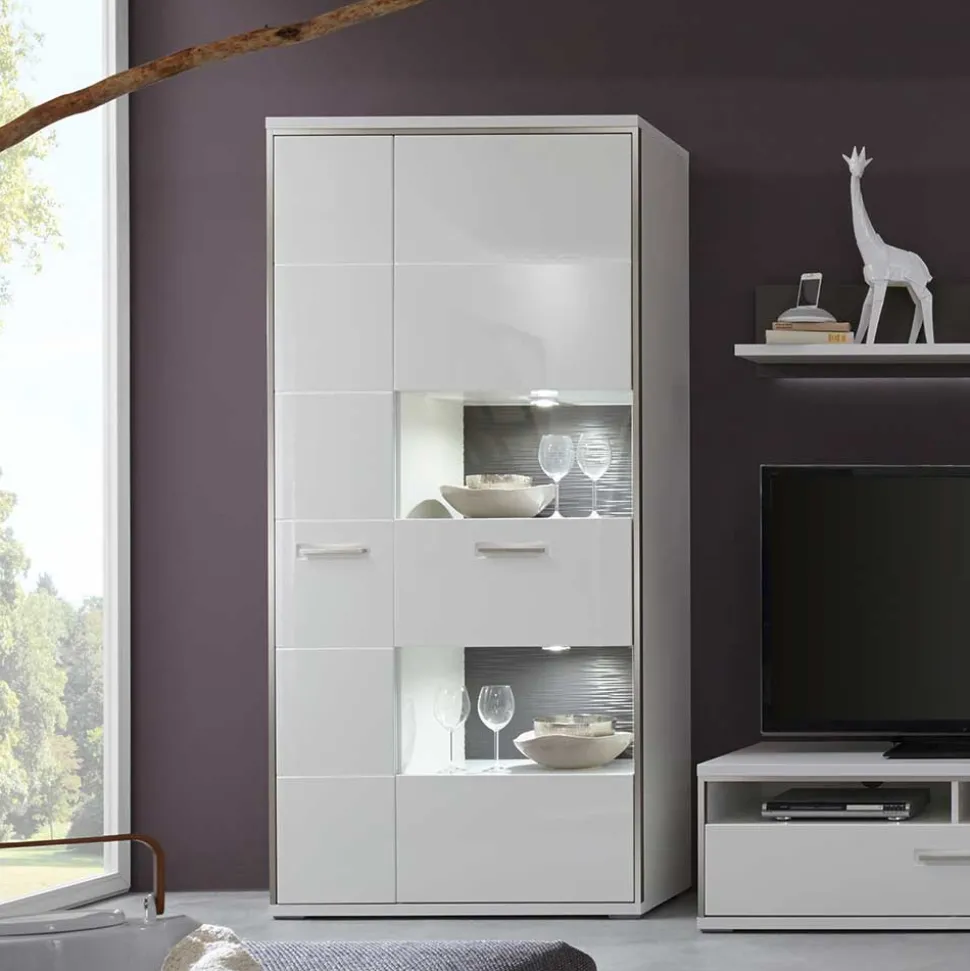 Wohnwand Vitrine Tacroma in Hochglanz Weiß
