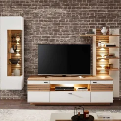 Wohnzimmer Anbauwand in Weiß mit Wildeiche - Niam (dreiteilig)