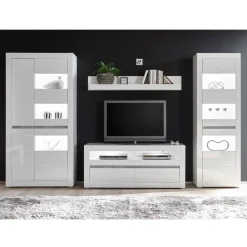 Wohnzimmer Möbel Programm in Hochglanz Weiß Mextra mit Beton Dekpr (vierteilig)