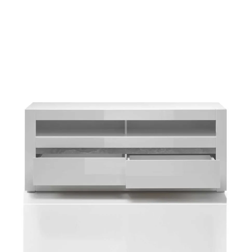 Wohnzimmer Möbel Programm in Hochglanz Weiß Mextra mit Beton Dekpr (vierteilig)