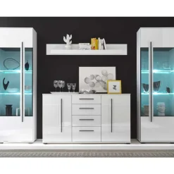 Wohnzimmer Schrankwand Jetongos in Weiß Hochglanz (vierteilig)