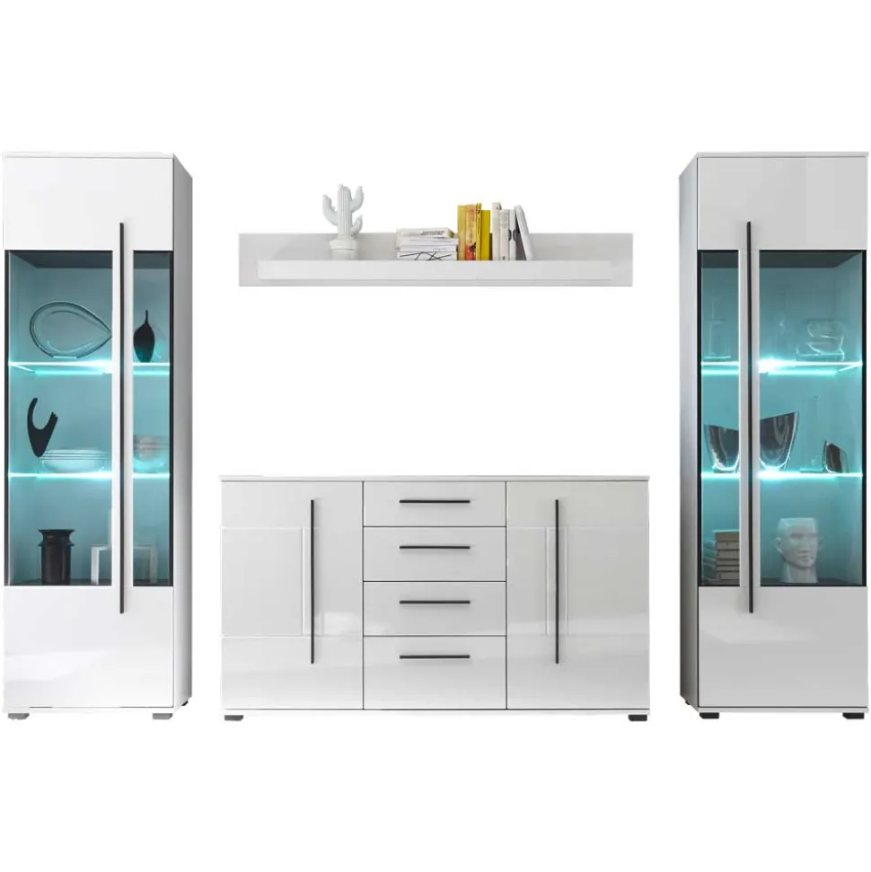 Wohnzimmer Schrankwand Jetongos in Weiß Hochglanz (vierteilig)