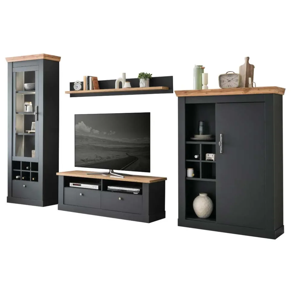 Wohnzimmer TV Wohnwand in Grau mit Wildeiche - Lionel (vierteilig)