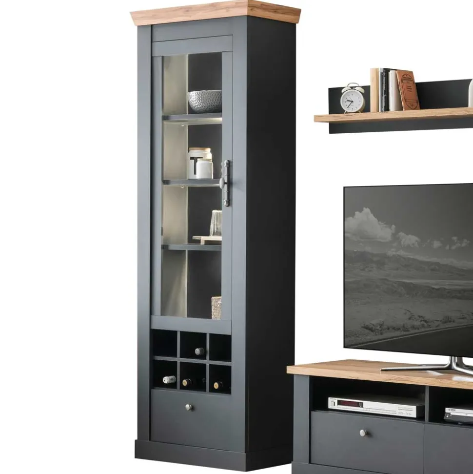 Wohnzimmer TV Wohnwand in Grau mit Wildeiche - Lionel (vierteilig)