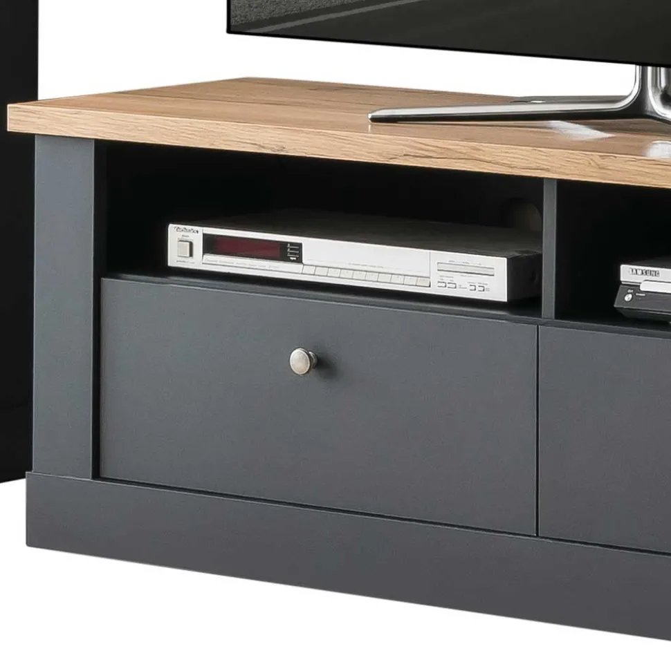 Wohnzimmer TV Wohnwand in Grau mit Wildeiche - Lionel (vierteilig)
