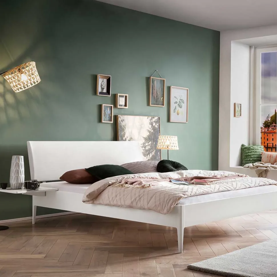 140x200 Bett in Weiß aus Buche & Kunstleder - Shian