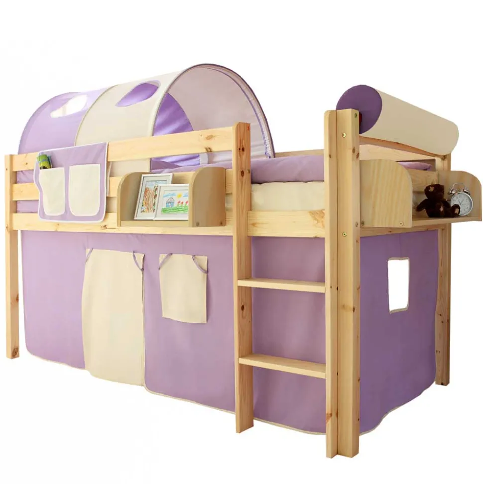 90x200 Kinderhochbett in Natur & Lila & Beige - Genfra