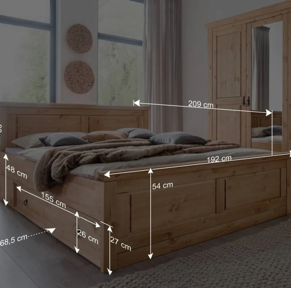 180x200 Landhausbett aus Kiefer gebeizt & geölt - Voeca