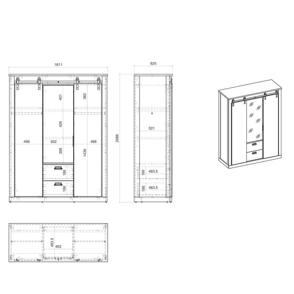 140x200 Modern Country Bett & Schrank - Tramos (vierteilig)