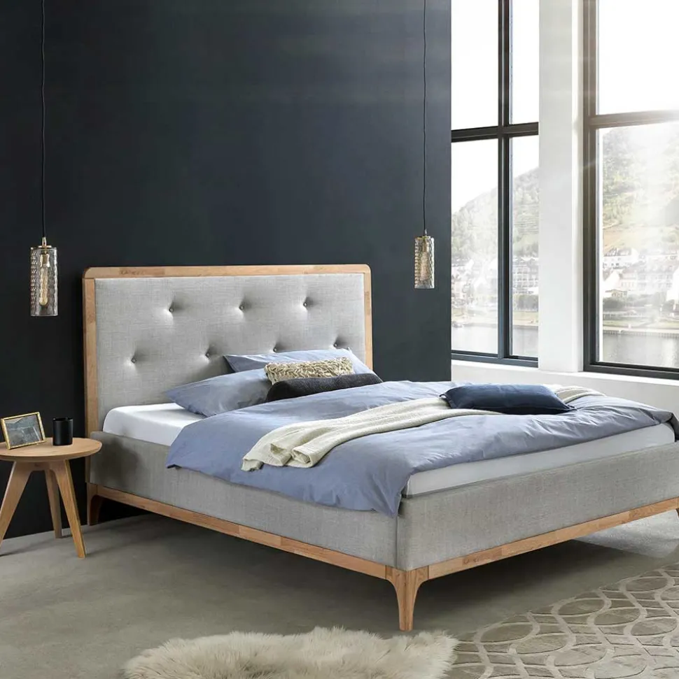140x200 Stoffbett in Grau mit Holz - Palmiro